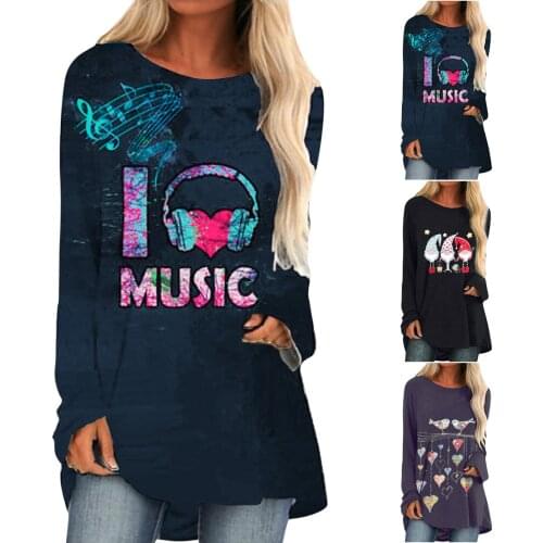 Women Long Sleeve O-Neck Loose Pullover T-shirt Casual Retro Personalized Pattern Splicing Printing Spring Autumn Shirt