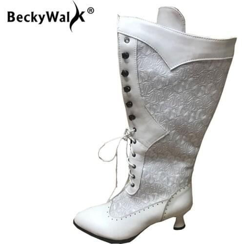 Botas mujer Lace Black White Retro Winter Womens Boots Pointed Toe 6 CM Heels Large Size High Boots Women Shoes WSH3450