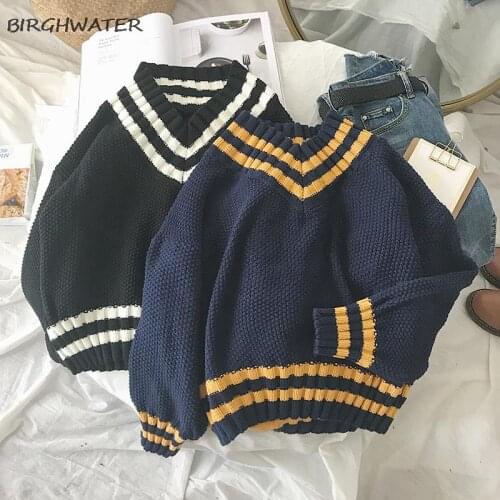 Autumn V-neck Sweater Women Vintage Jumper Blue Knitted Striped Sweaters For Women White Harajuku Sweater Pullover Winter Warm