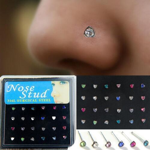 24pcs/set Heart Shape Nose Ring & Studs Fashion Body Piercing Jewelry Crystal Nose Rings For Women Ear Cartilage Helix Piercing