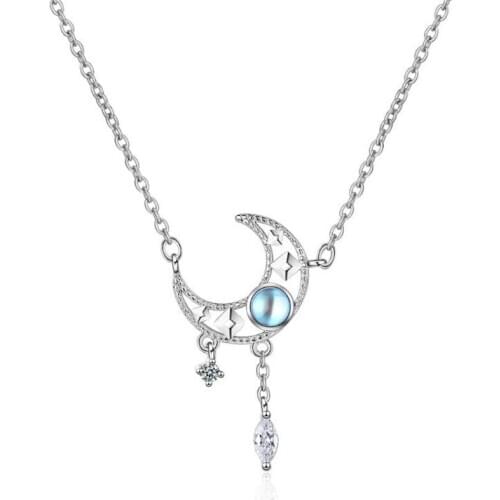 Bright Crystal Blue Moon Star Pendant Necklace For Women Jewelry Charm 925 Silver Necklaces Girl Princess Engagement Party Bijou