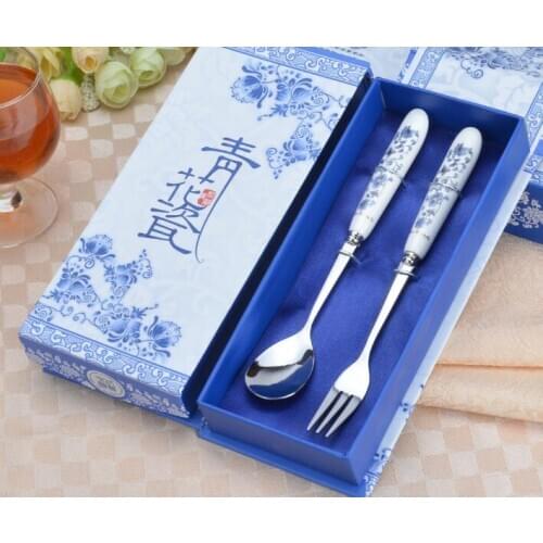 2pcs/box Dinnerware Set Cutlery Stainless Steel 2 in1 Travel Chinese gift for world blue-white Tableware