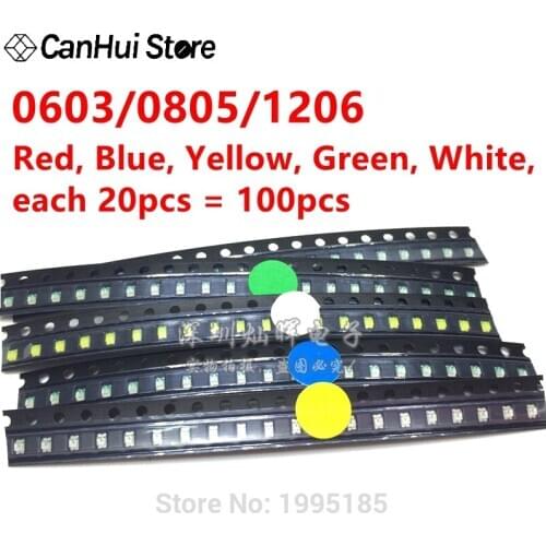 5 colors x 20Pcs =100Pcs 1206 SMD LED light Package Red White Green Blue Yellow 0603/0805/1206 SMT LED kit Free Shipping