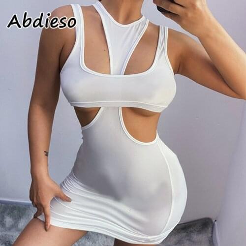 Abdieso 2021 Sexy Bodycon Dress Women Hollow Out Sleeveless Black Backless Casual Mini White Off Shoulder Summer Dress