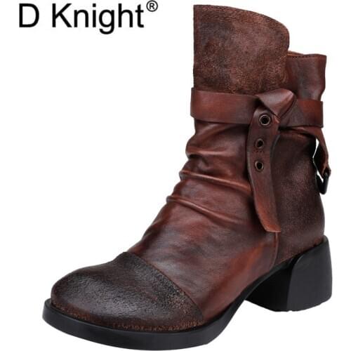 Genuine Leather Ankle Boots 2021 New Arrival Footwear Rubber Riding Womens Shoes Retro Lady Med Thick Heels Zipper Winter Boots