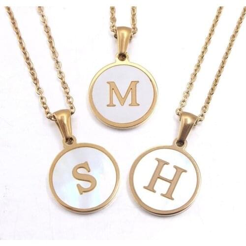 Stainless Steel Round Shell 26 Capital Letter Initial Pendant Gold Color Chain Choker Necklace Minimalist for Women Name Jewelry