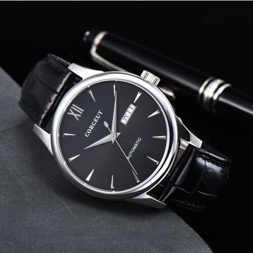 CORGEUT Aviator Brand Mechanical Mens Watch Automatic Military Citizen Movement Sapphire Week Calendar Waterproof Leather Watch