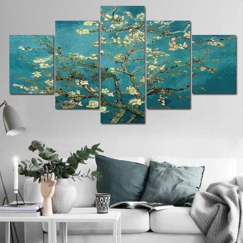 Blossoming Almond Tree By Van Gogh 5 Split Panel Canvas Painting Flowers Posters and Prints Pictures for Living Room Home Decor