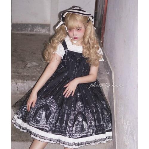Kawaii Jsk Lolita Dress Women Vintage Victorian Gothic Dark Night Style Sleeveless Lace Princess Tea Party Black Suspender Dress