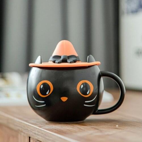 Ceramic Cup Limited Edition Cup Cute Mysterious Cat Cup Halloween Pumpkin Spoon with Lid Couple Gift Coffee Mug