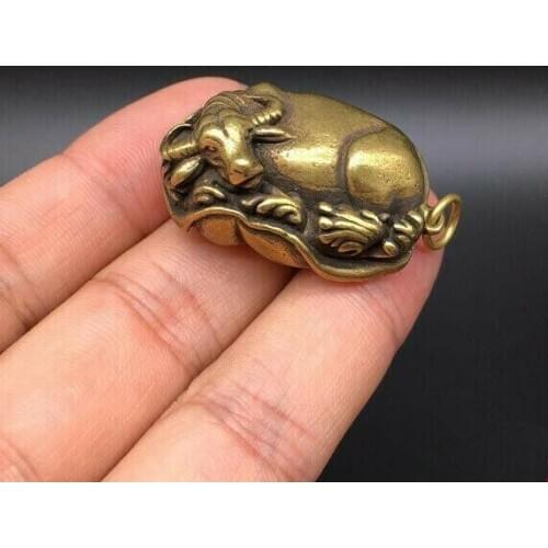 Chinese Pure Brass Water Buffalo Lie On Lotus Leaves Small Statue