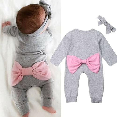 Citgeett Autumn Newborn Infant Baby Girls Clothes Romper Long Sleeves Gray Jumpsuit Headband Spring Outfit 0-18M