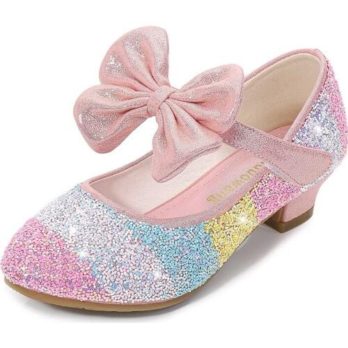 Girls' Leather Shoes Princess 2021 Childrens Shoes Round-toe Soft-sole Big Girls High Heel Princess Crystal Shoes