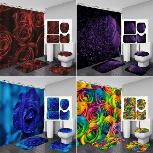 Beautiful Colorful Rose Shower Curtain Bathroom Curtains Set Purple Flowers Pedestal Rug Lid Toilet Cover Mat with 12 Hooks