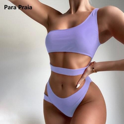 Para Praia 2021 Solid One Piece Swimwear Women Cut Out Bathing Suit Bandeau Monokini One Shoulder Swimsuit Female Swim Wear