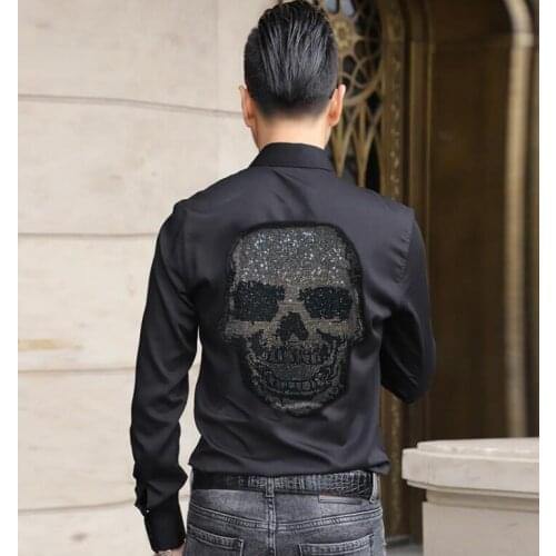 Fashion Men Casual Rhinestones Skulls Shirt slim fit 2021 Breathable long Sleeve Diamond stone Shirts Streetwear
