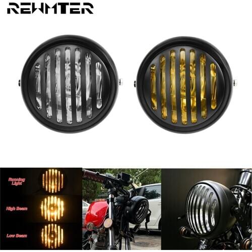 Motorcycle 6.3'' Cafe Racer Retro Headlights High Low Beam Grill Headlamp Amber Light For Harley Sportster Choppers Bobber FLHR