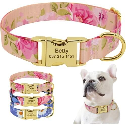 Fashion Custom Dog Collar Personalized Pet Collars Nylon Flower Print Dog ID Collars Engraved Name for Small Medium Large Dog