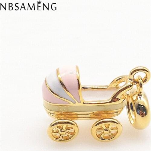 New 100% 925 Sterling Silver Bead Charm Baby Carriage Shine Gold Pendant Enamel Charms Fit Bracelets DIY Women Jewelry