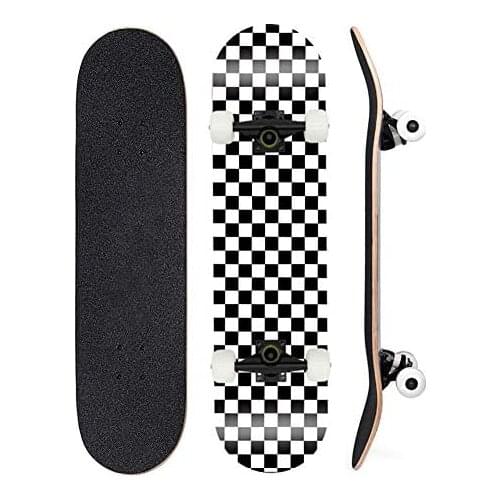 Skateboards Beginners,31" Checkered Pattern 7 Layers Maple Decks Double Kick Concave Skate Board with All-in-One Skate T-Tool