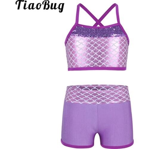 TiaoBug Kids Girls Two-Piece Sports Tankini Dancewear Sequins Ballet Jazz Gymnastics Shorts with Tank Top Performance Costume