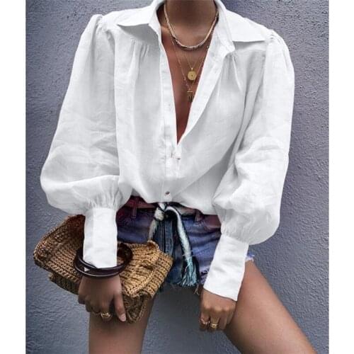 2019 Retro Women Lantern Sleeve Chiffon Blouses Solid V-Neck Loose Office Lady Shirts Tops All-Matching Autumn Women Shirts