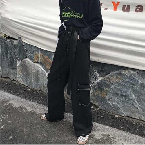 Plus Size Fashion Contrast Pocket Cargo Denim Loose Straight Wide Leg Pant Women Man Streetwear Casual Harem Baggy Trouser Korea