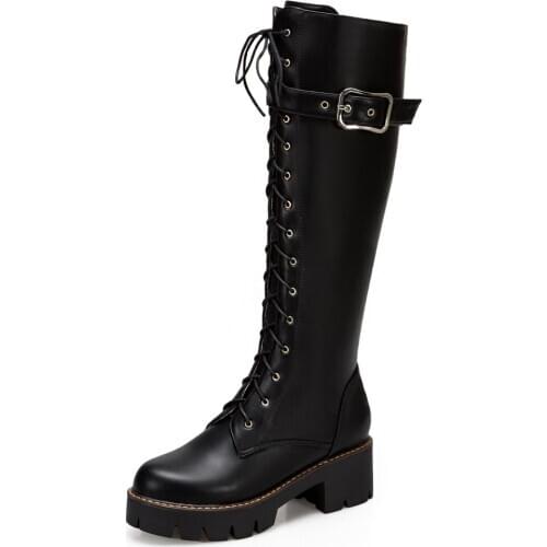 Platform Thick-Soled Cross Strap Knee-Length Boots Belt Buckle Metal Decorative PU Womens Boots Lace-Up Short Plush Boots