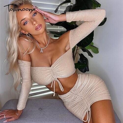 Tobinoone Glitter Sexy Hollow Out Two Piece Set Autumn Women Set Backless Party Short Top And Skirt Set 2 Piece Set Women Outfit