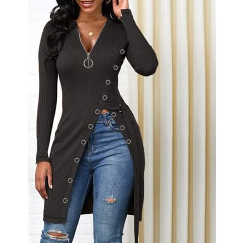 New Casual Women Autumn Long Pullover Tops Office Lady Fashion Solid V-Neck Blouses Winter Zip Chic High Fork Irregular Blouses