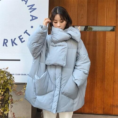 2020 Women Oversized Winter Down Jacket Solid With Scarf Warm Female 90% White Duck Down Jacket Coat Loose Girls Parka Tops m791
