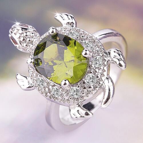 Female Big Olive Green Turtle Ring Retro Silver Color Crystal Zircon Stone Rings For Women Wedding Jewelry Valentines Day Gift