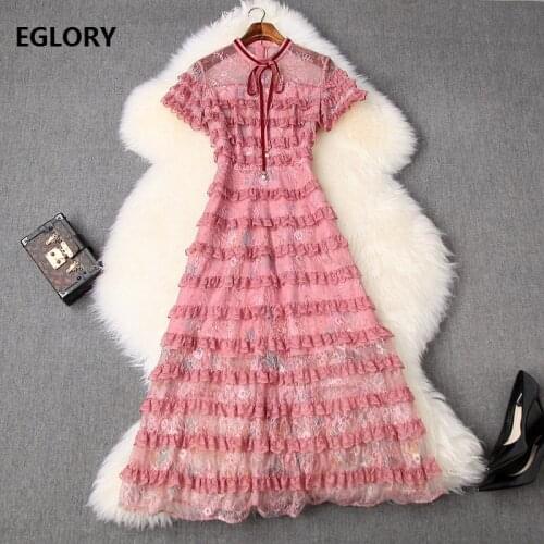 Top Quality New 2020 Spring Summer Party Lace Dresses Women Cascading Ruffle Patchwork Short Sleeve Mid-Calf Blue Pink Dress