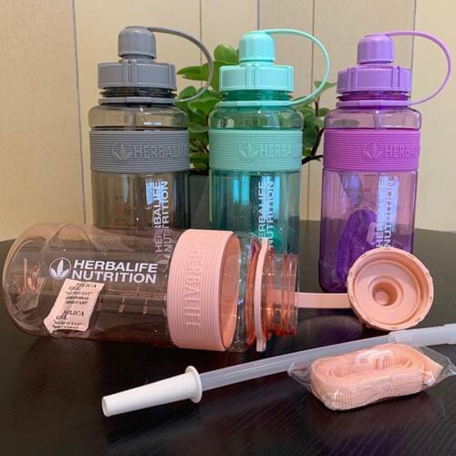 4 Color 1000ml Herbalife Nutrition Food grade Plastic sports drink straw water bottle with lid scale mark