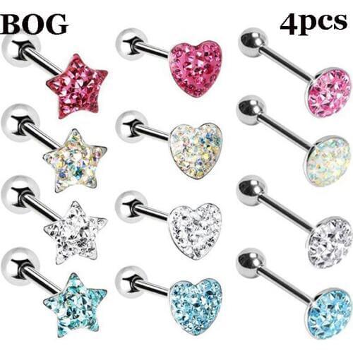 4Pcs Mulity CZ Gem Crystal Ferido Paved Heart Star Shape Ferido Barbell Epoxy 14G 5/8" Steel Tongue Ring Piercing Body Jewelry