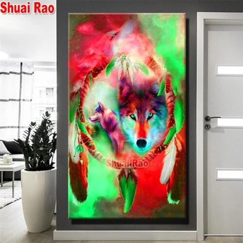 5 d diamond painting Wolf Dream Catcher 3d diy handmade,full square round diamond embroidery Colorful Animal cross stitch kits