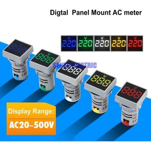AC24 - 500V 22mm Mount Square LED Display Digital Voltmeter Panel Indicator Lamp Light AC Voltage Meter
