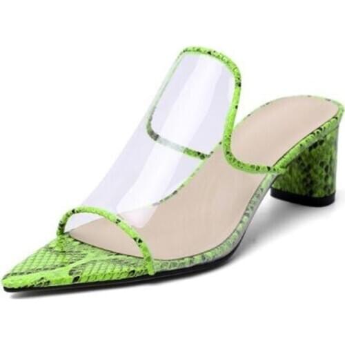 Medium Chunky Heel Slippery Snake Skin Clear PVC Open Toe Slip On Sandals 2020 New Arrivals Summer Ladies Shoes Square Heel