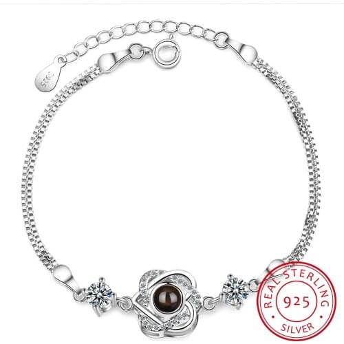 Hot Fashion 925 Sterling Silver Zirconia Love Heart Shaped Double Layer Chain Bracelets For Women Projection Jewelry S-B246