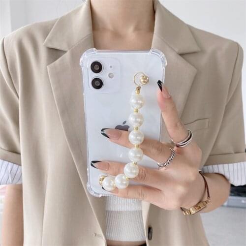 Pearl Bracelet Case for Samsung Galaxy A51 A71 A22 A32 A52 A72 S21 S20 FE Ultra S10 E S9 S8 Wrist Chain Hanging Clear Soft Cover