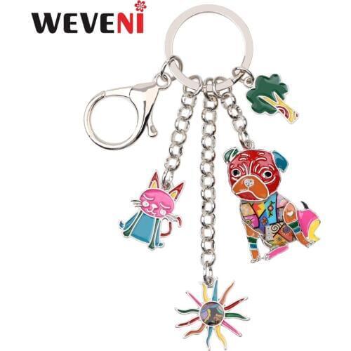 WEVENI Enamel Metal Cat Sunflower Cabbage Pug Dog Hangs Key Chain Key Ring For Women Man Keychain New Trendy Jewelry Accessories