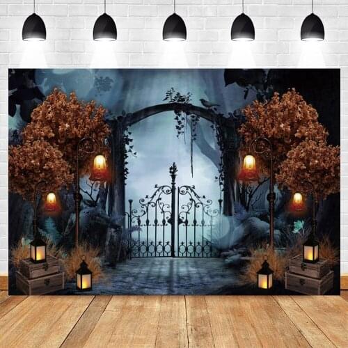 Halloween Background Gate Door Tree Mysterious Scene Lantern Photography Backdrop Photo Studio Photophone Photozone Photocall