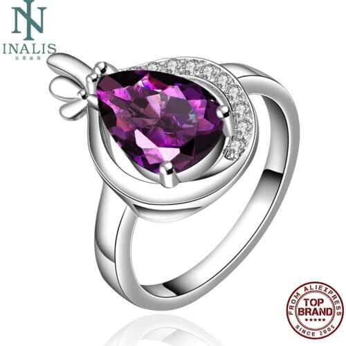 INALIS Rings For Women With Purple Water Drop Clear Zirconia Ring White Gold Color Floret Fashion Jewelry Gift Send Girlfriend