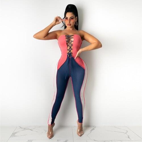 Color Block Splicing Rompers Womens Jumpsuit 2021 Off The Shoulder Lace Up One Piece Overall Summer Beachwear Party Club Outfit