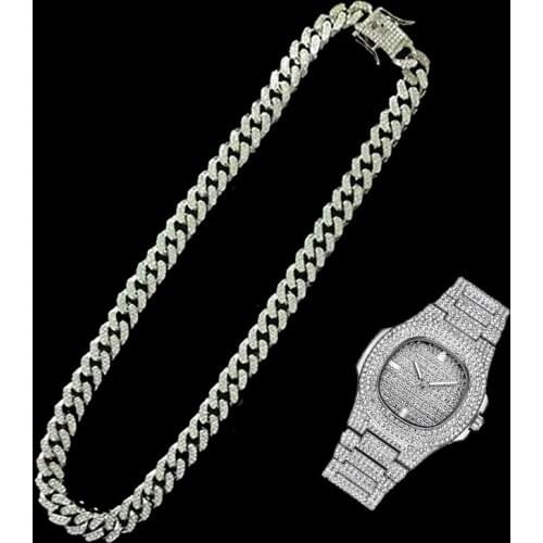 2pcs Kit Hip Hop 12MM Iced Out Paved Rhinestones Full Miami Cuban Chain CZ Rapper Necklace+Watch Bracelet Bling For Men Jewelry