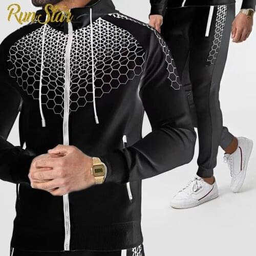 Autumn Tracksuit Mens Hooded Suit Running Sportswear 2 Piece Set Zipper Hoodie + Sweatpants Jogging Male Gym Casual Clothing