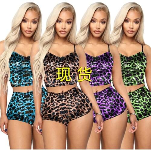 Womens Hot Sale Sexy Suspender Pajamas New Two-piece Ice silk Pajamas Women Fashion Home Wear Leopard Summer Hollow out Pajamas
