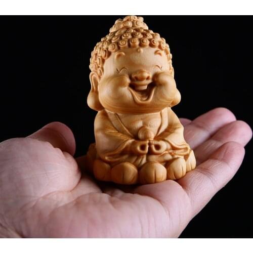 Boxwood 5cm 6cm Cute Maitreya Sculpture Cartoon Small Buddha Bodhisattva Figurines Wood Statue Feng Shui Home Decor