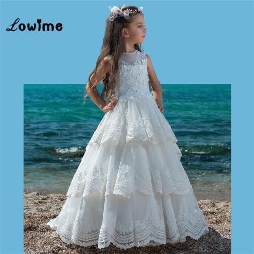 Tiered Lace Applique Flower Girl Dresses For Weddings Custom Made White 2018 Communion Dresses Vestido Daminha Pageant Dresses