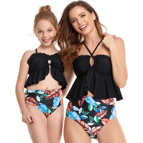 2021 New Print Flower Summer Bikini Bathing Swimsuits Mother Daughter Swimwear Family Matching Clothes High Waist Swimming Suit